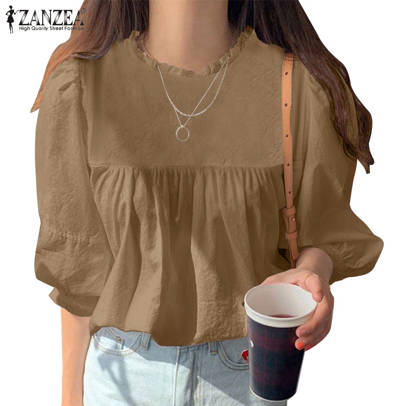 Áo Zanzea tay phồng cổ tròn màu trơn phong cách Hàn Quốc ngọt ngào đáng yêu dành cho nữ