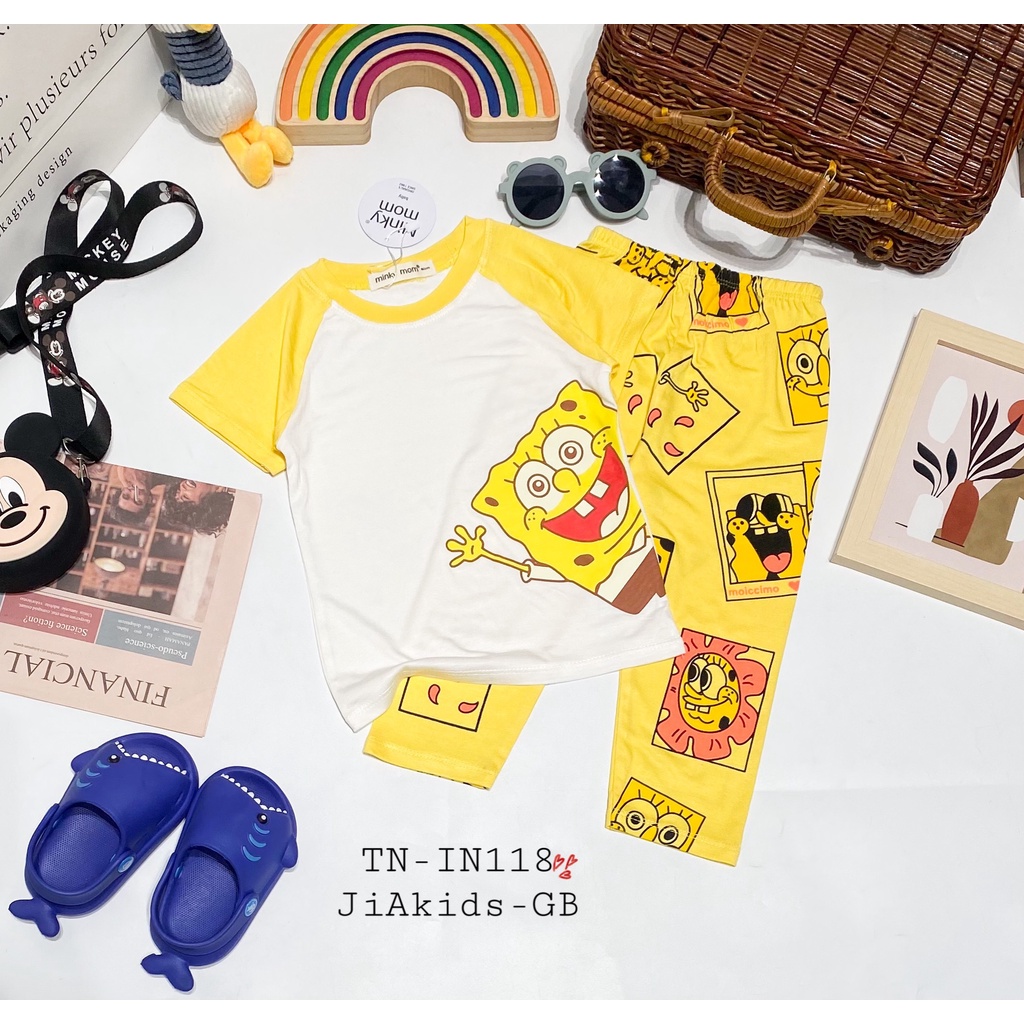 Bộ Tay Ngắn Quần Dài THUN LẠNH MINKY MOM In Thân Áo Trắng Phối Quần Màu Cho Bé TN-IN118