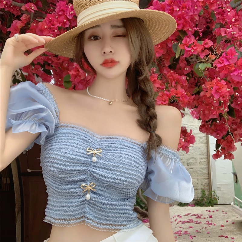Áo Croptop Dệt Kim Tay Ngắn Cổ Vuông Phối Ren Thời Trang Quyến Rũ Cho Nữ