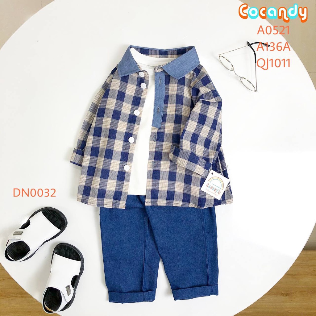 Set đồ cho bé -Áo dài XDƯƠNG caro, áo thun trắng và Quần bò XANH dài ĐẬM cho bé của COCANDY mã A0521,A136A,QJ101154