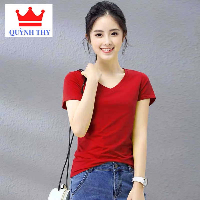 [ Hot Sale ] Áo phông nữ cổ tim , áo thun trơn cotton đẹp, dễ mặc dễ phối đồ, mặc bốn mùa