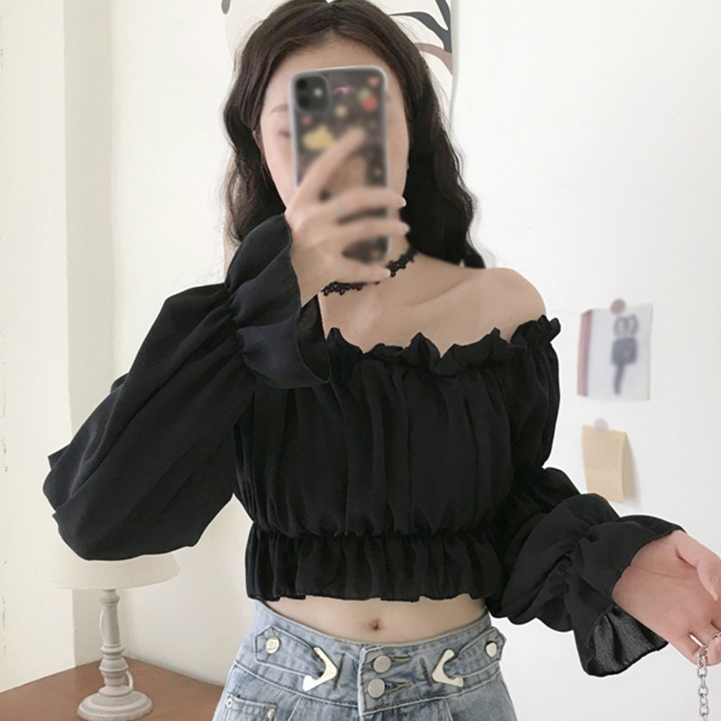 Áo croptop trễ vai tay phồng màu trơn thời trang xinh xắn cho nữ