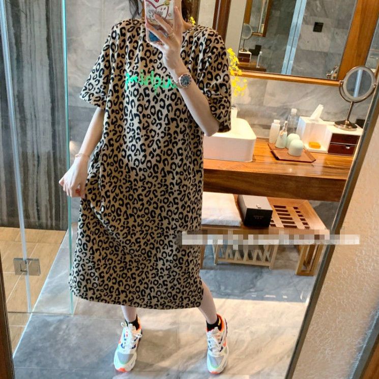 [LININ] Đầm Thun Dài Qua Gối Dáng Rộng In Họa Tiết Da Báo Cỡ Lớn Thời Trang Mùa Hè Cho Nữ