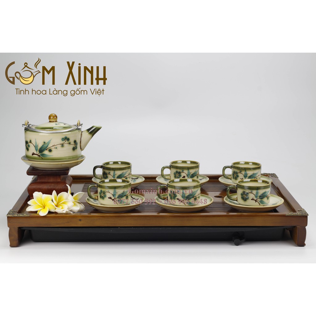 Ấm chén Bát Tràng_Bộ bình trà ba chân vẽ trúc xanh men da lươn