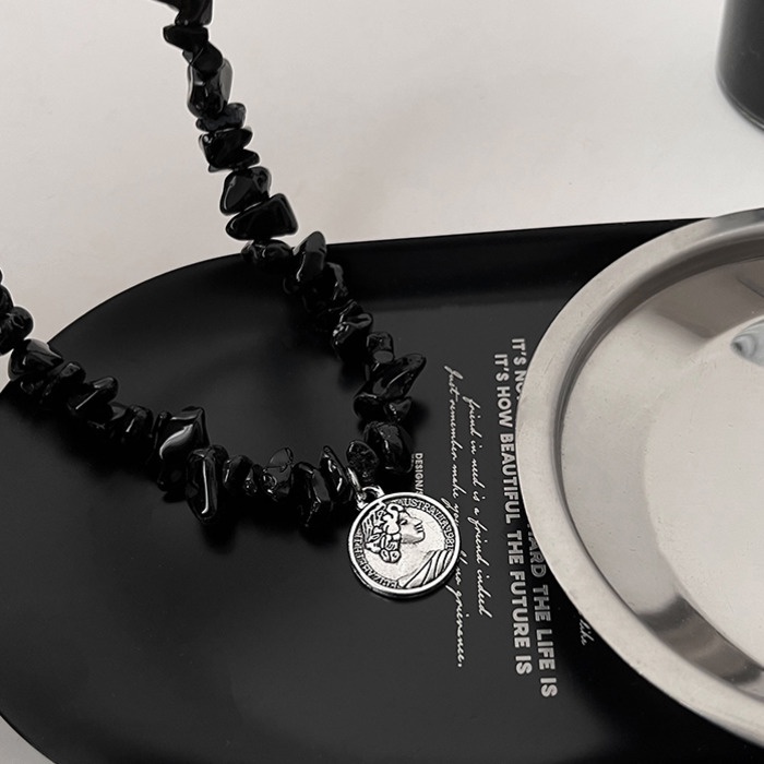 Vòng cổ Mặt Tròn Màu Đen Phong Cách hip hop Thời Trang