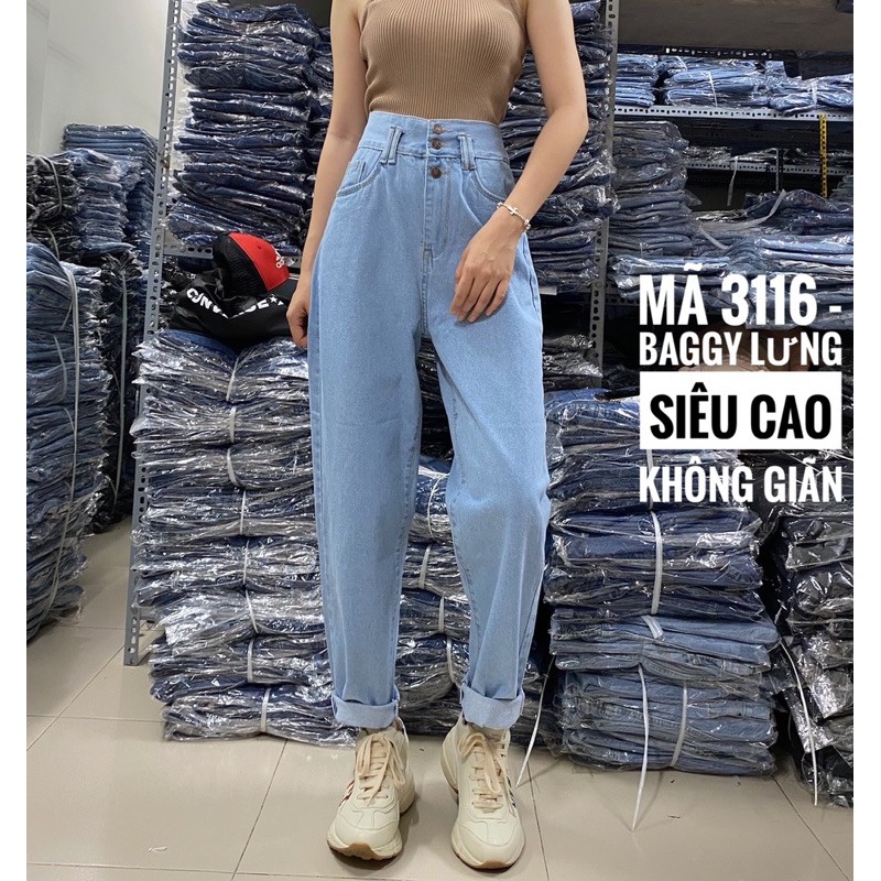 [Size 30-36] Quần Baggy Jeans Boyfriend - Lưng Siêu Cao, Không Giãn, Phối Nút Che Giấu Khuyết Điểm Lộ Dây Kéo