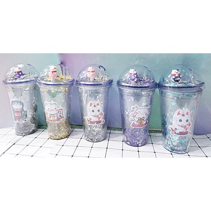 Cốc 2 lớp kim tuyến mèo may mắn khủng long nắp cầu CNCKI10 cốc giữ nhiệt ly 2 lớp nắp cầu cốc làm lạnh dễ thương 500ml