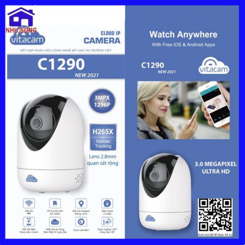 Camera Thông Minh Ip Wifi Vitacam C1290 - 3.0Mpx Full HD 1296P Chuẩn H265X - Xoay 360 - Bảo Hành Chính Hãng 24 Tháng.