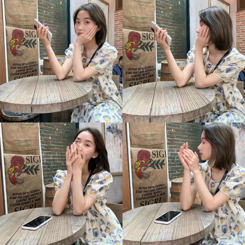 Đầm tay phồng dáng rộng in họa tiết thời trang cho nữ