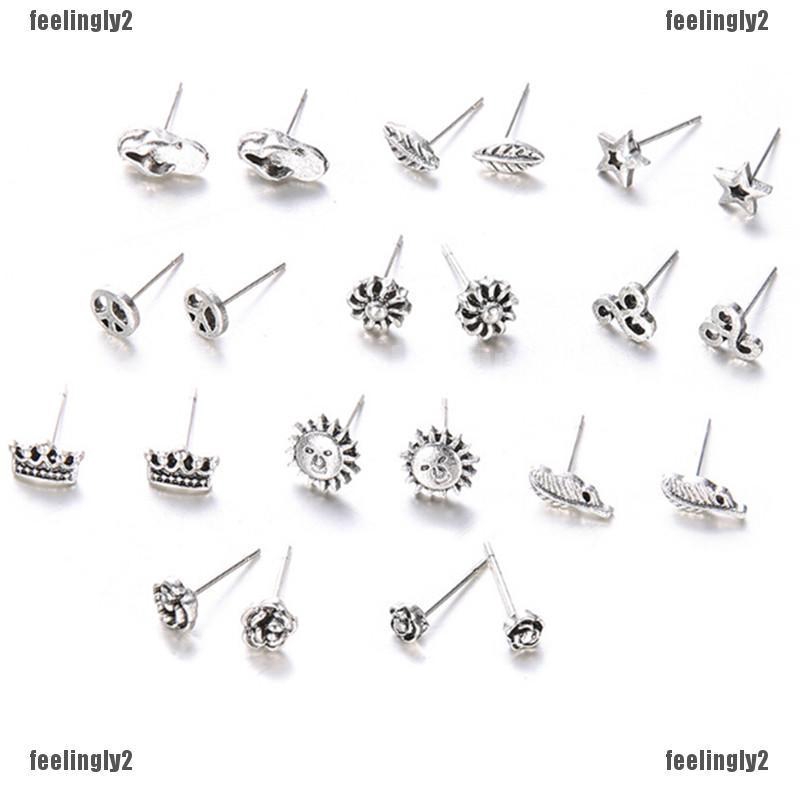 ❤Mặt Trời❤ Set 11 Đôi Bông Tai Đinh Tán Nhiều Hình Dạng Màu Bạc Cho Nữ