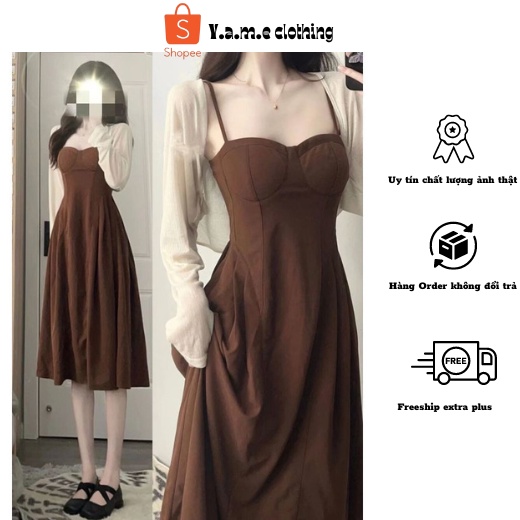 Áo cardigan len mỏng croptop + váy 2 dây xòe tiểu thư màu nâu hàng order Quảng Châu Yame clothing