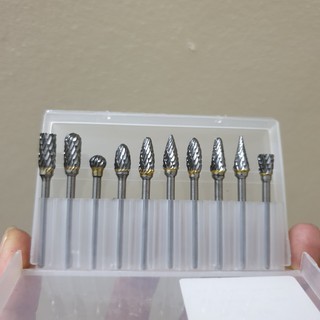 Bộ 10 mũi mài , khắc vonfram 3x6mm hộp trắng trong dùng cho máy khoan mài khắc cầm tay cán 3mm