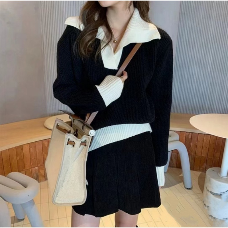 Áo sweater NZN dệt kim dáng rộng màu tương phản thời trang mùa thu cho nữ