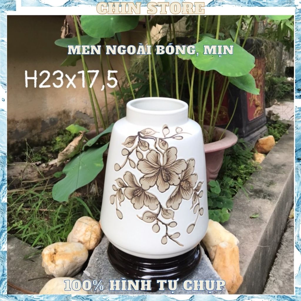 Bình hoa decor, lọ hoa decor gốm sứ BÁT TRÀNG họa tiết hoa vẽ bằng tay cổ ngắn nhiều mẫu 23*17 cm