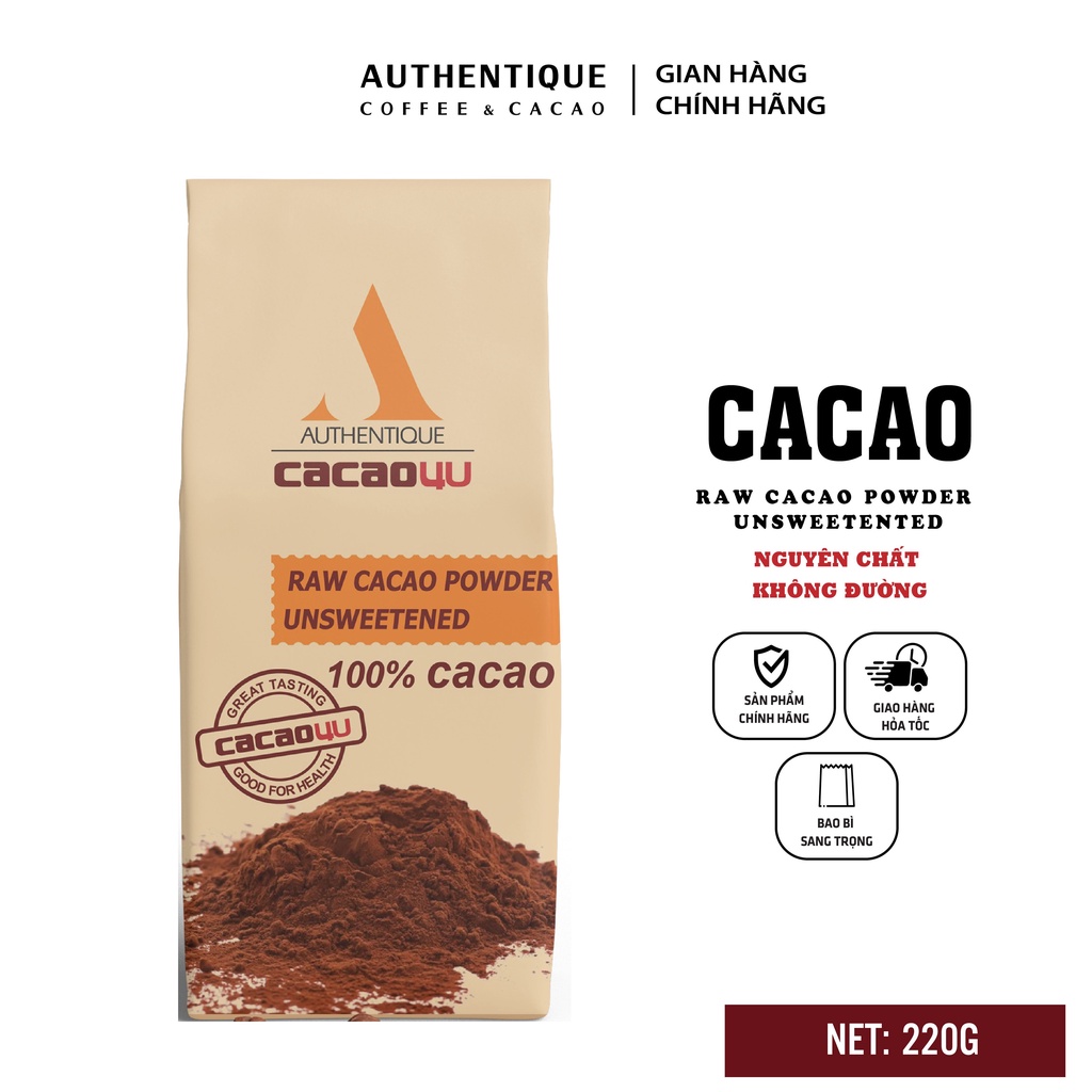 Bột Cacao 100% Nguyên chất Không Đường Túi Kraft 220gr - Hỗ trợ giảm cân |Authentique Cacao