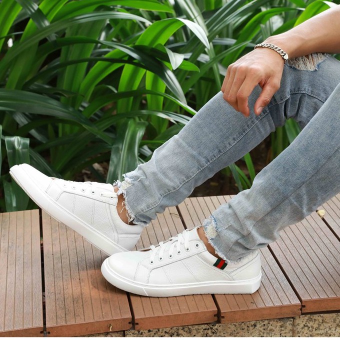 Giày Sneaker nam da thật Manlio Legat màu trắng da vân sần G9241-W