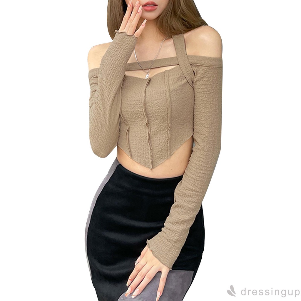 Áo tay dài màu trơn hở rốn cổ thuyền phong cách thời trang cho nữ