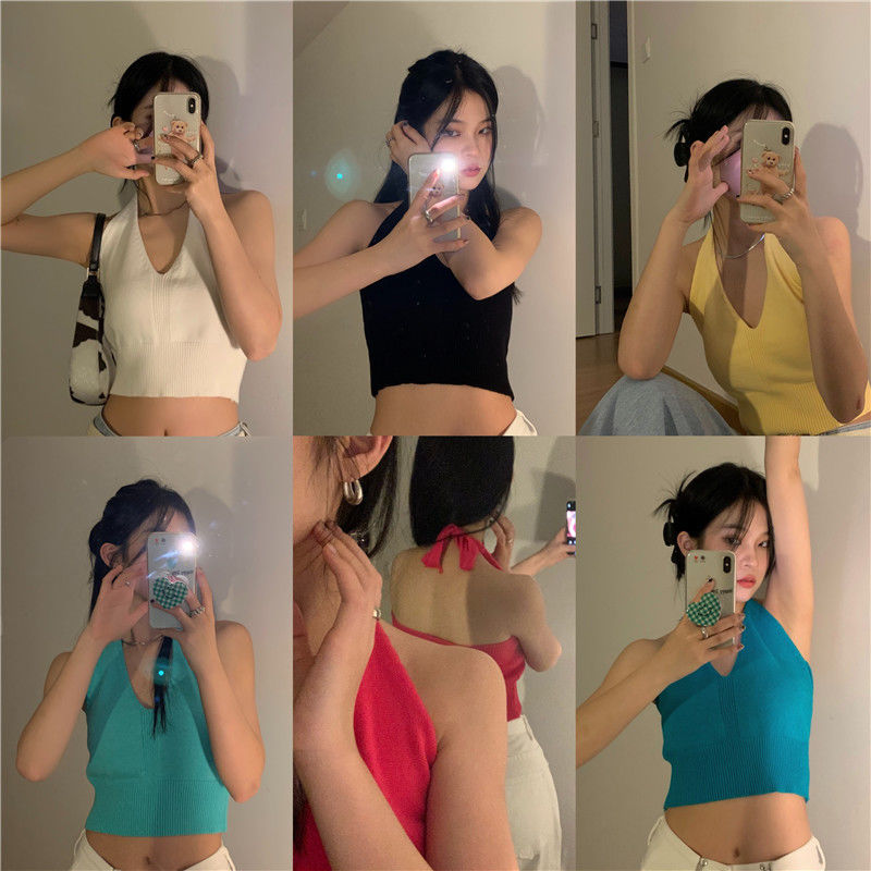 Áo hai dây dệt kim cổ yếm màu trơn gợi cảm cho nữ