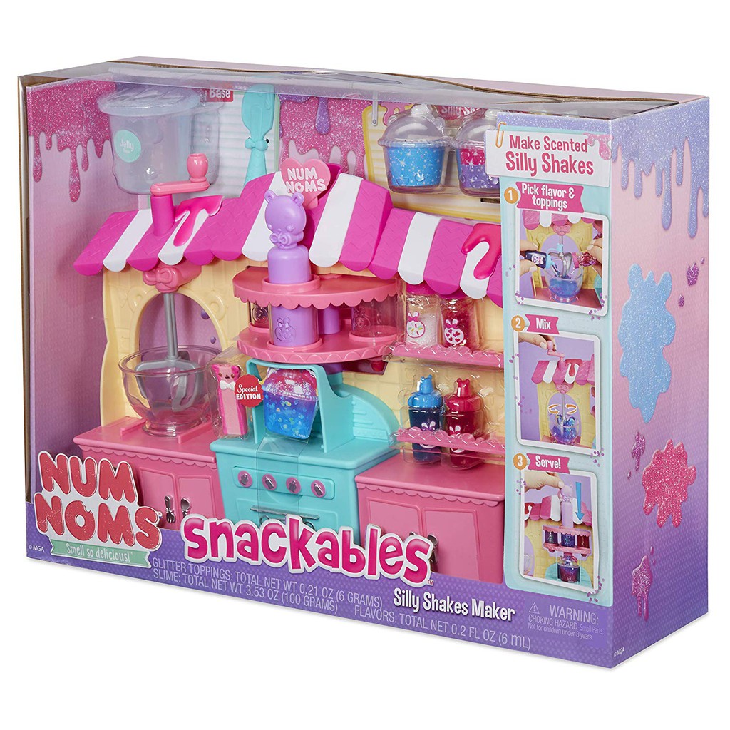 Bộ đồ chơi chế tạo chất dẻo ma quái Num Noms Snackables Silly Shakes Maker Playset (Mỹ)