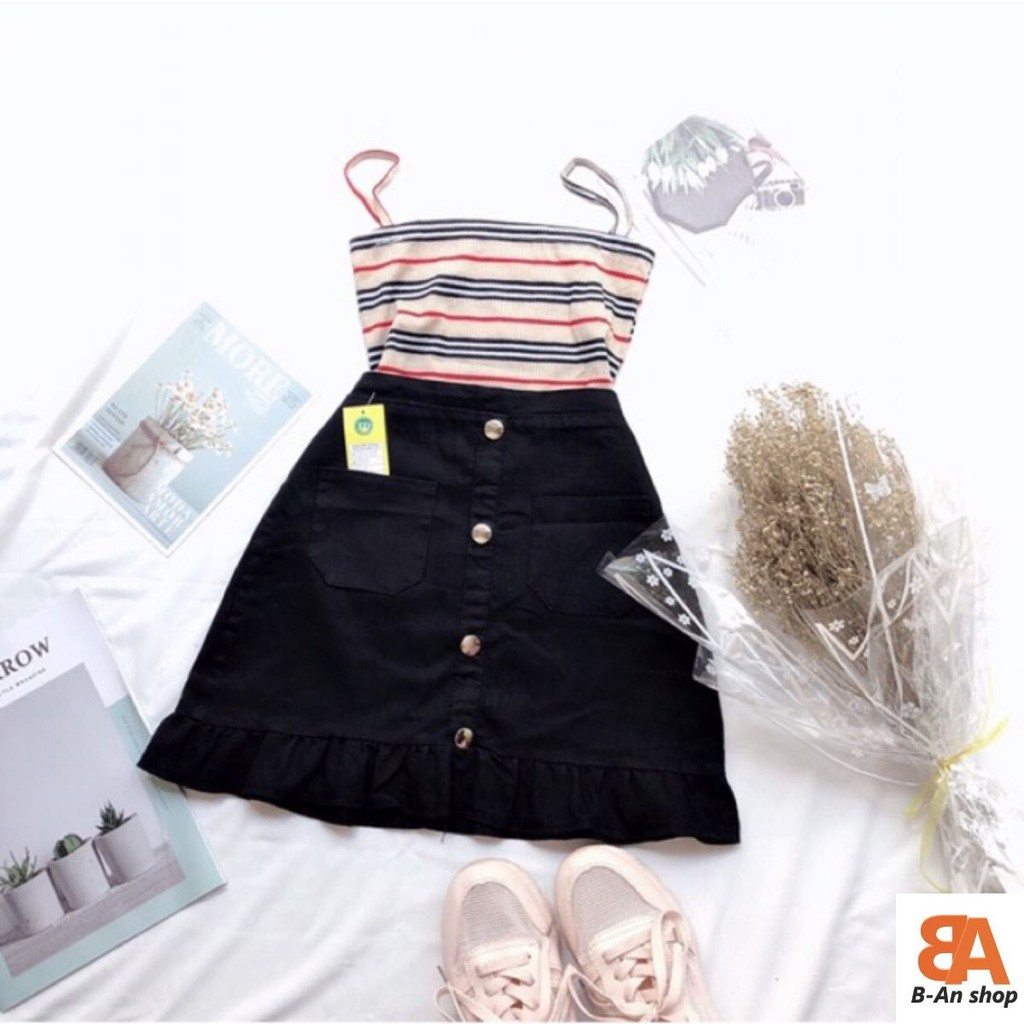 Chân váy đuôi cá lưng cao phối nút_ảnh thật