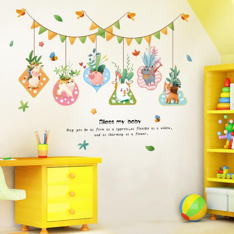 Decal dán tường Decal dán kính Giỏ hoa hình thú ngộ nghĩnh HM94004