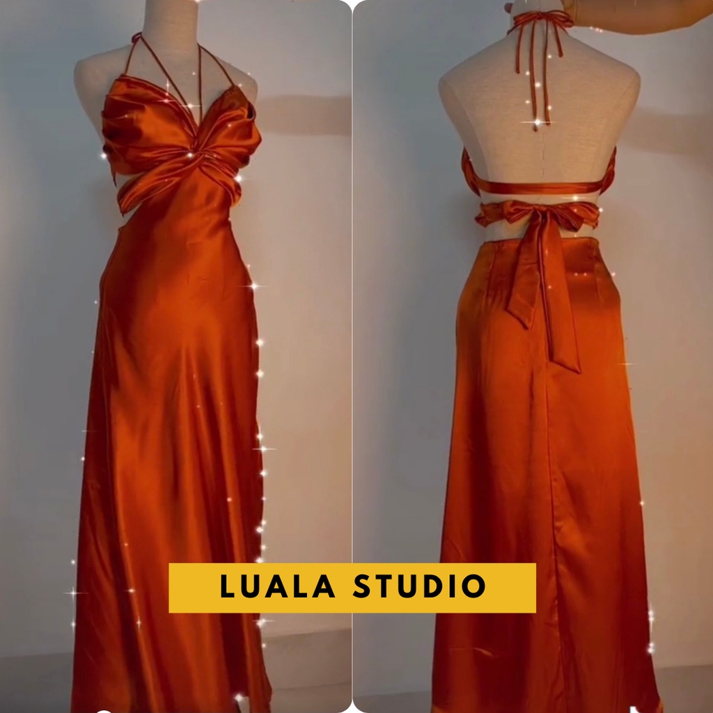 Set váy lụa maxi và áo xoắn eo hở lưng Luala, kiểu dáng sexy cổ cột dây điều chỉnh thoải mái, chất liệu satin quyến rũ