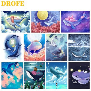 DROFE Set tranh sơn dầu số hóa canvas hình cá voi và bé gái handmade phù hợp làm quà tặng 40x50cm
