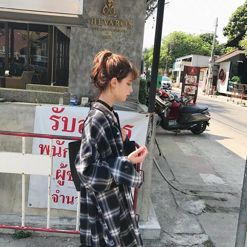 Áo sơ mi nữ SUXI tay dài dáng rộng kẻ sọc caro phong cách Hàn Quốc