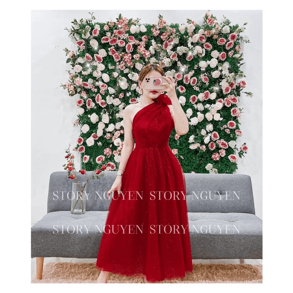 ĐẦM LƯỚI LỆCH VAI ĐÍNH HOA XINH LUNG LINH