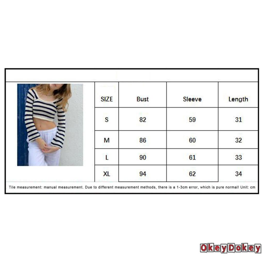 Áo Croptop Dệt Kim Tay Dài Cổ Thuyền Dáng Ôm In Họa Tiết Kẻ Sọc Xinh Xắn Cho Nữ