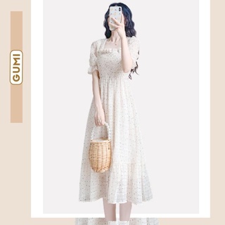 Đầm maxi đi biển trắng cổ vuông chấm bi - Váy maxi chấm bi biển xinh đẹp GM2090