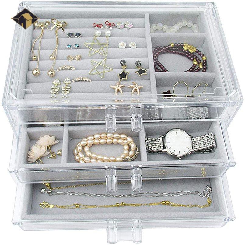 Acrylic Jewelry Box 3 Drawers Velvet Jewellery Organizer Gift For Women