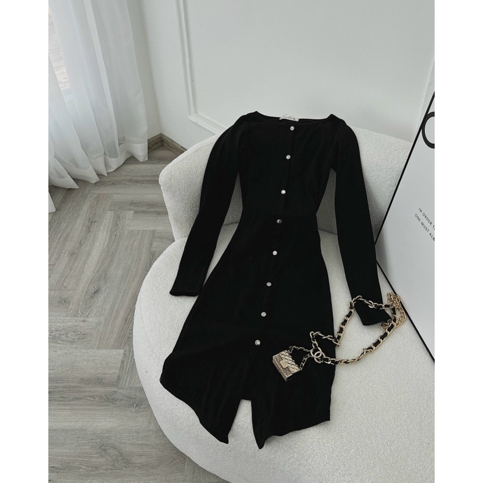 Đầm midi body đen tay dài phối nút NÀNG CLOSET