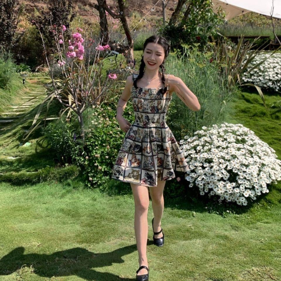 Đầm Hai Dây Dáng Ôm In Họa Tiết Mèo Phong Cách Retro Quyến Rũ Thời Trang Mùa Hè Mới