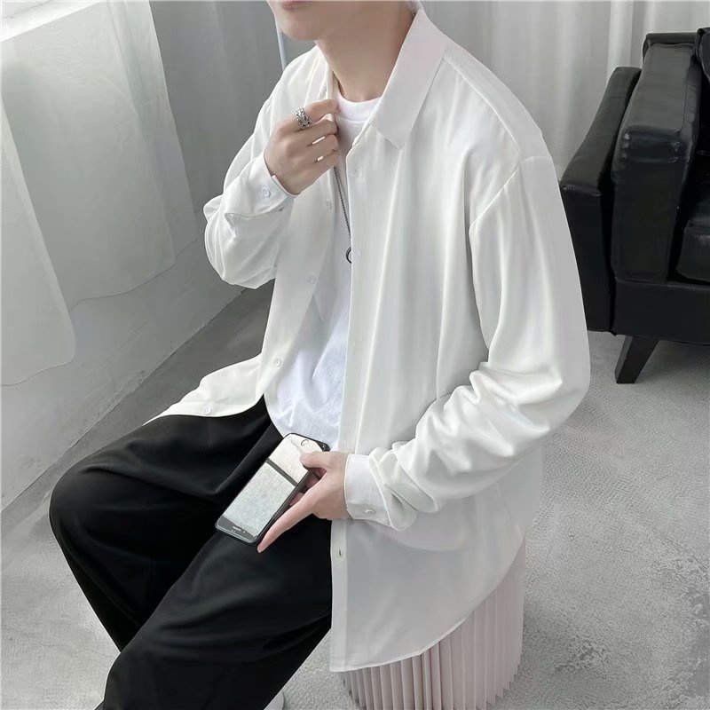 Áo Sơ Mi Tay Dài Dáng Rộng Màu Sắc Đơn Giản Phong Cách Hồng Kông Cá Tính Cho Nam