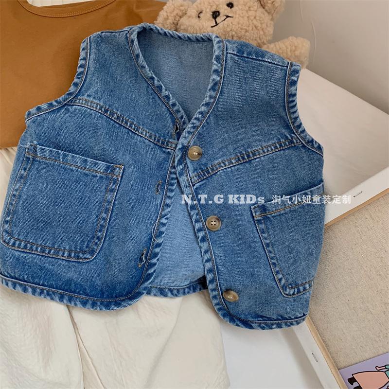 [Babycat] Hàng Có Sẵn Áo Khoác Denim Không Tay Phong Cách Hàn Quốc Nhật Bản Mùa Xuân Thu Phong Cách Phương Tây Cho Bé Trai Và Bé Gái