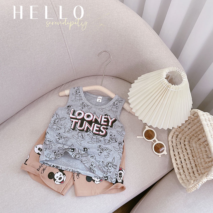 Bộ Quần Áo Trẻ Em 3 Lỗ In Hình Micky TUNES Vải Cotton Tàu Dễ Thương Cho Bé Từ 7-19kg Mã BL34