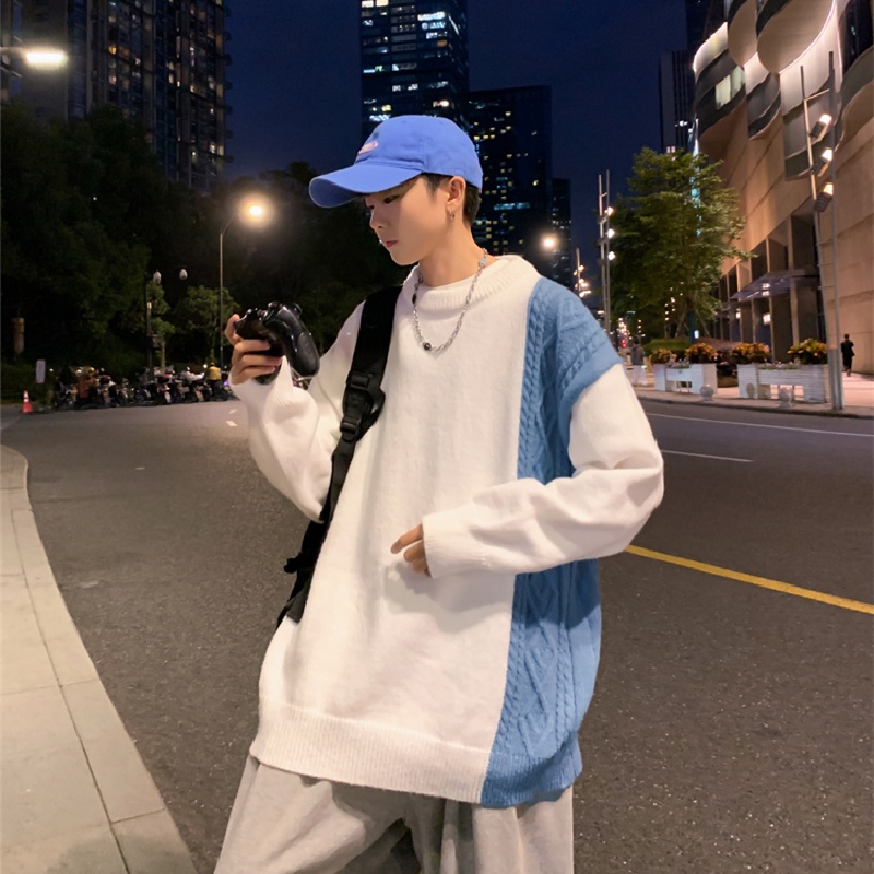 Áo sweater tay dài cổ tròn dáng rộng màu sắc tương phản phong cách Hàn Quốc cho nam size M-2XL