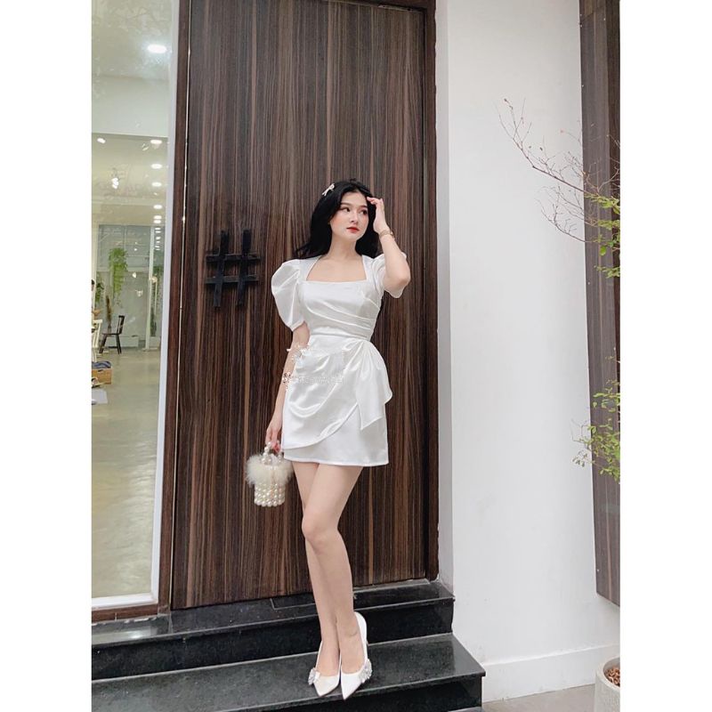 Đầm dạo phố, dự tiệc cổ vuông tay bồng xếp ly nơ eo siêu sang chảnh Celon Dress