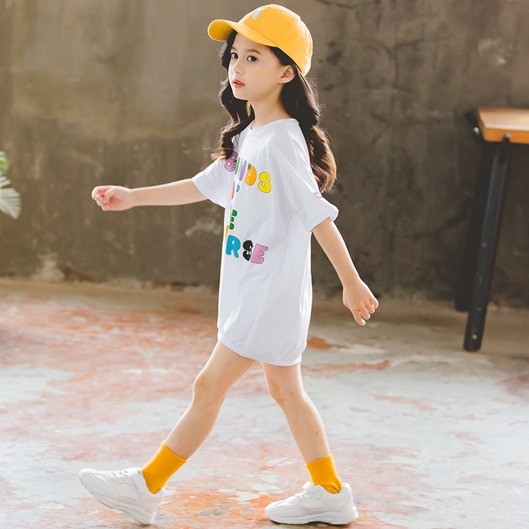 Áo phông dáng thụng - Áo váy trẻ em, đầm suông thun cotton in chữ cho bé gái từ 8 đến 20 kg, SUN KIDS