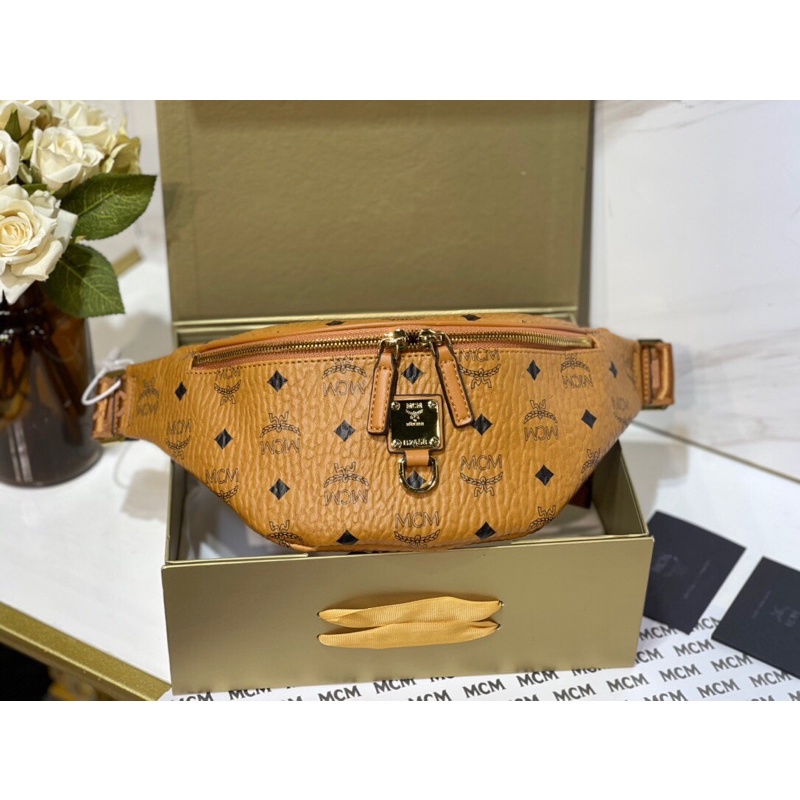 Túi đeo hông/đeo chéo unisex da thật hoạ tiết logo thương hiệu MCM cao cấp