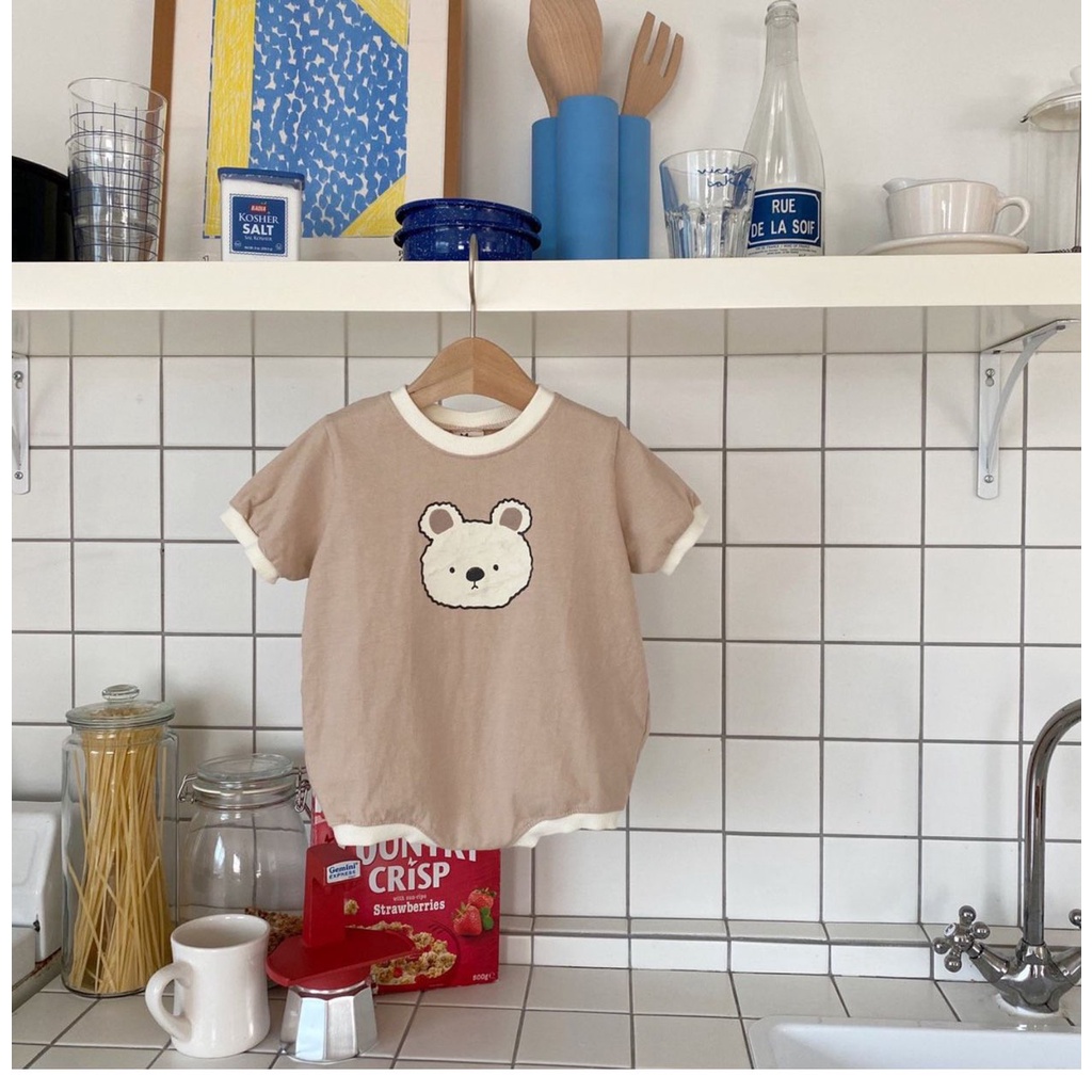 Bộ Áo Liền Quần Cotton Tay Ngắn In Hình Gấu Dễ Thương Cho Bé Sơ Sinh