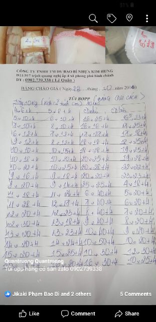 Túi opp nhỏ có sẵn bảng qui cách khách hàng lựa chọn