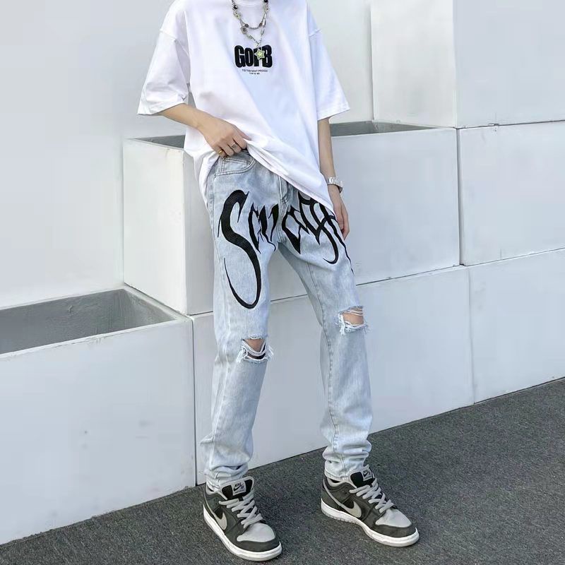 Gofb Quần Jean Mỏng Dáng Rộng Thêu Chữ Màu Sáng Kiểu hip hop Đường Phố Âu Mỹ