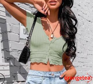 Áo Croptop tay ngắn phối ren hoa màu trơn duyên dáng cho nữ
