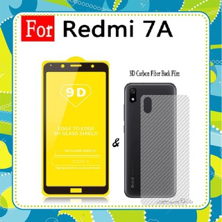 Combo Kính Cường Lực Xiaomi Redmi 7A Full Màn Hình Thế hệ mới + Miếng dán carbon mặt sau redmi 7A