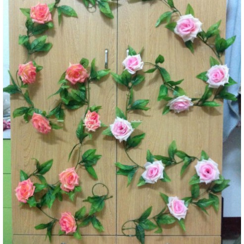 Dây Hoa hồng giả dài 2.4m- Dây hoa leo trang trí tường ,  trang trí tiệc cưới , chùm hoa treo tường