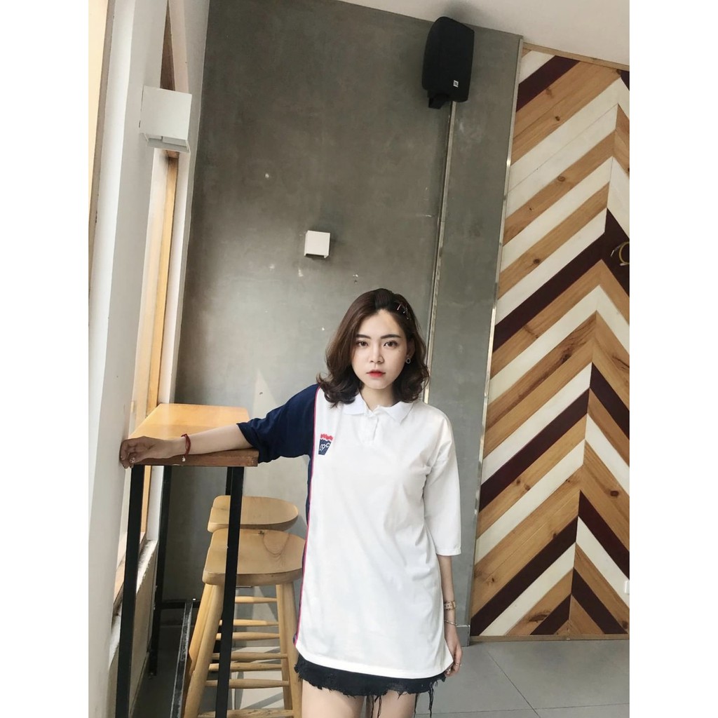 Áo polo nữ phong cách ULZZANG-UNISEX Áo thun polo form rộng phối tay lỡ thêu