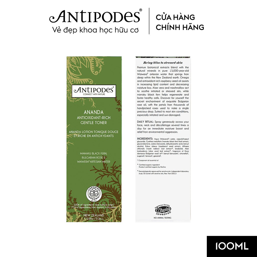 [Mã BMBAU50 giảm 50K đơn 150K] Nước Hoa Hồng Dịu Nhẹ Antipodes Ananda Antioxidant-Rich Gentle Toner 100ml