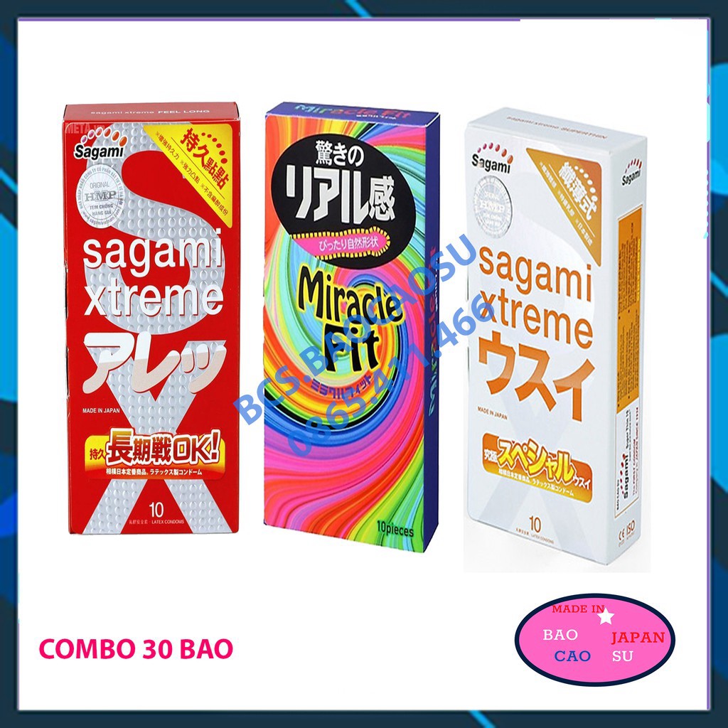 Combo 30 bao cao su Kéo dài thời gian Sagami Feel Long 10 + Super Thin 10 + Miracle Fit 10 giá rẻ [Free Ship]